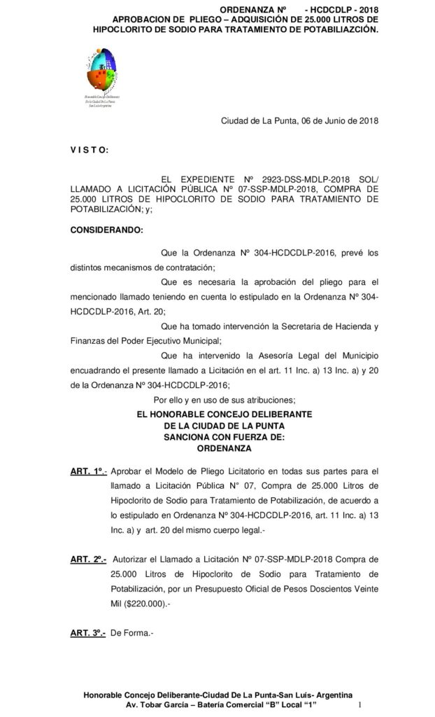 thumbnail of ORDENANZA N° 370 – APROBACION PLIEGO Compra de 25.000 Litros de Hipoclorito de Sodio Tratamiento Potabilización