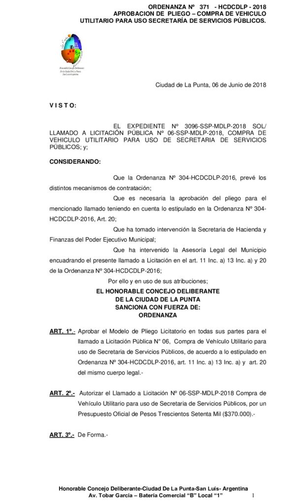 thumbnail of ORDENANZA N° 371 – APROBACION PLIEGO Compra de Vehículo Utilitario para uso de Secretaria de Servicios Públicos