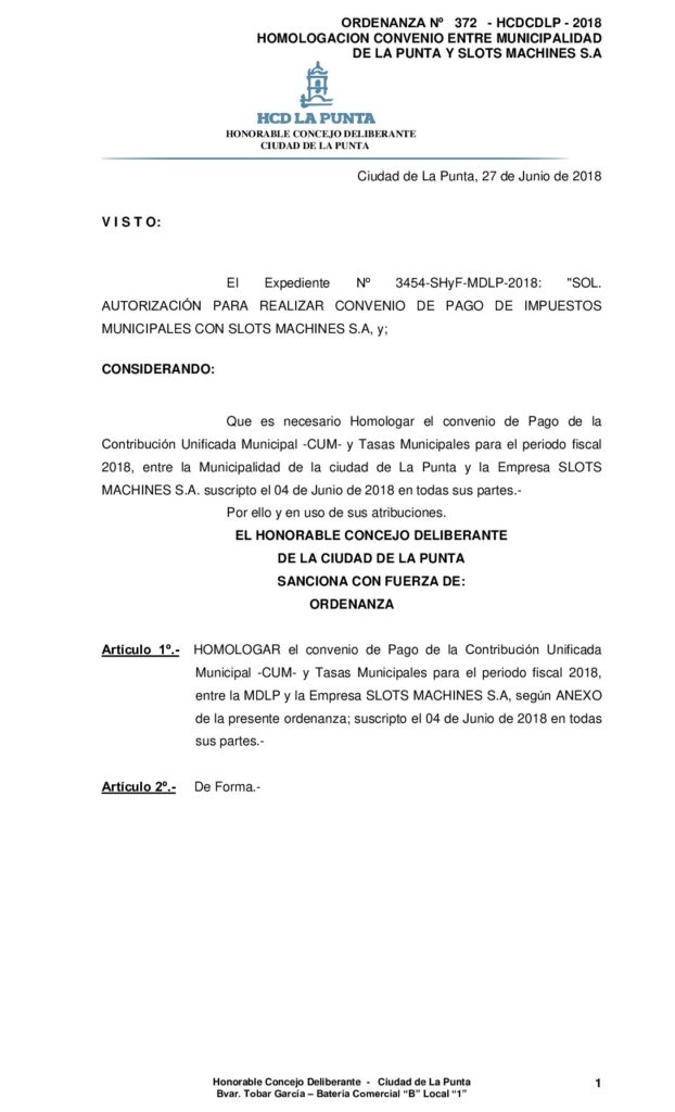 thumbnail of ORDENANZA N° 372 – APROBACION HOMOLOGACION CONVENIO SLOTS MACHINES Y MUNICIPIO 2018