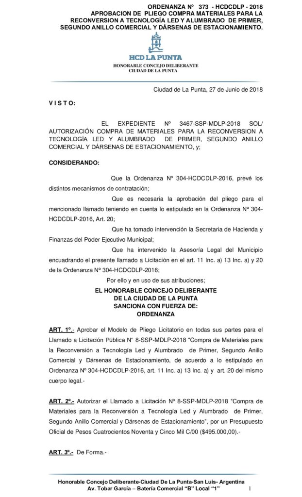 thumbnail of ORDENANZA N° 373 – APROBACION PLIEGO COMPRA DE MATERIALES PARA LA RECONVERSION A TEC