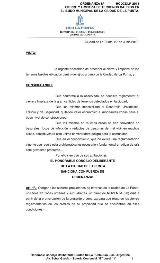 thumbnail of ORDENANZA N° 374 – APROBACION CIERRE Y LIMPIEZA DE TERRENOS EN LA CIUDAD DE LA PUNTA