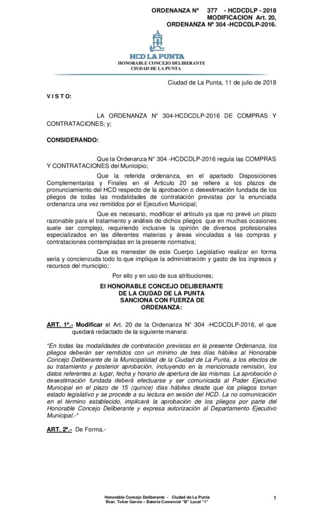 thumbnail of ORDENANZA N° 377- APROBACIÓN MODIFICACION ART 20 – ORDENANZA Nº 304-2016 COMPRAS Y CONTRATACIONES. NUEVAMENTE 11 DE JULIO