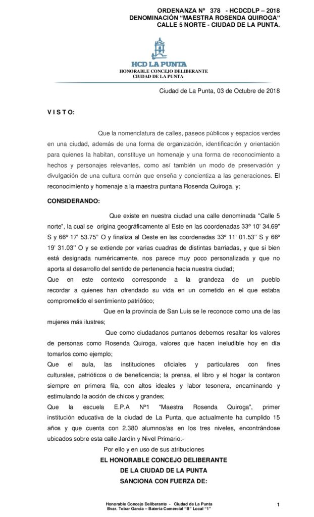 thumbnail of ORDENANZA N° 378 – DENOMINACION MAESTRA ROSENDA QUIROGA