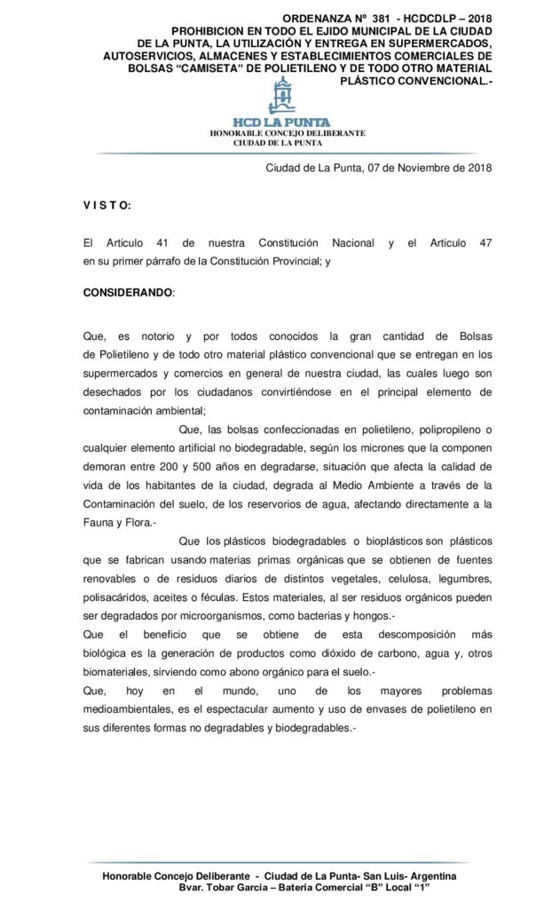 thumbnail of ORDENANZA N° 381 – PROHIBICION DE BOLSAS CAMISETAS DE POLIETILENO ETC