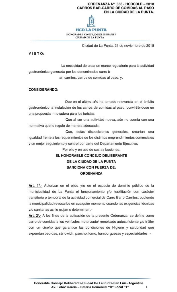 thumbnail of ORDENANZA N° 383 – CARROS BAR- CARROS DE COMIDA AL PASO EN LA CIUDAD DE LA PUNTA