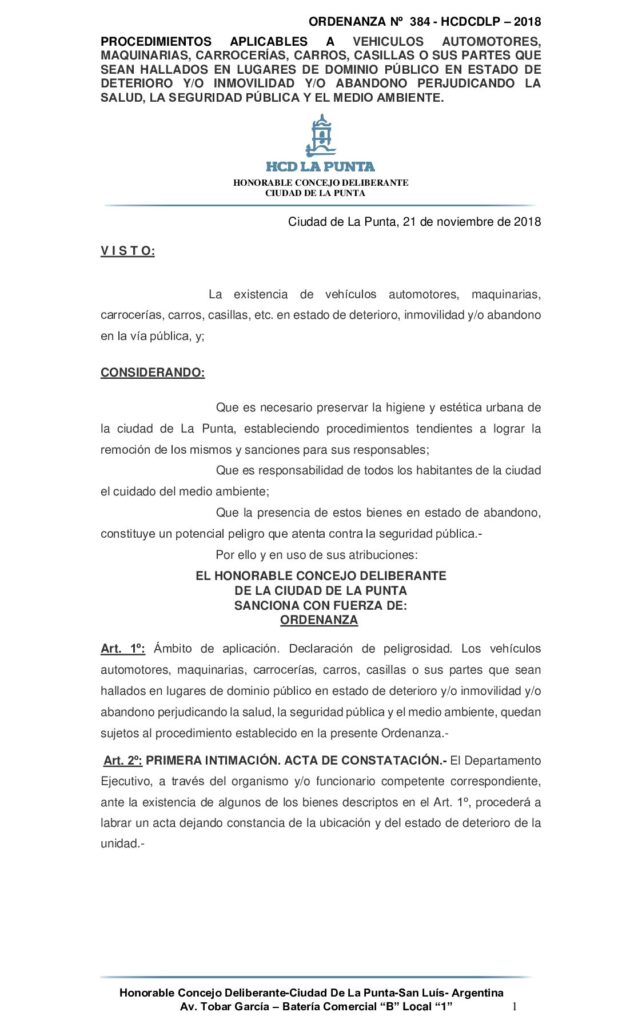 thumbnail of ORDENANZA N° 384 – PROCEDIMIENTO APLICABLE A VEHICULOS AUTOMOTORES EN DETERIORO