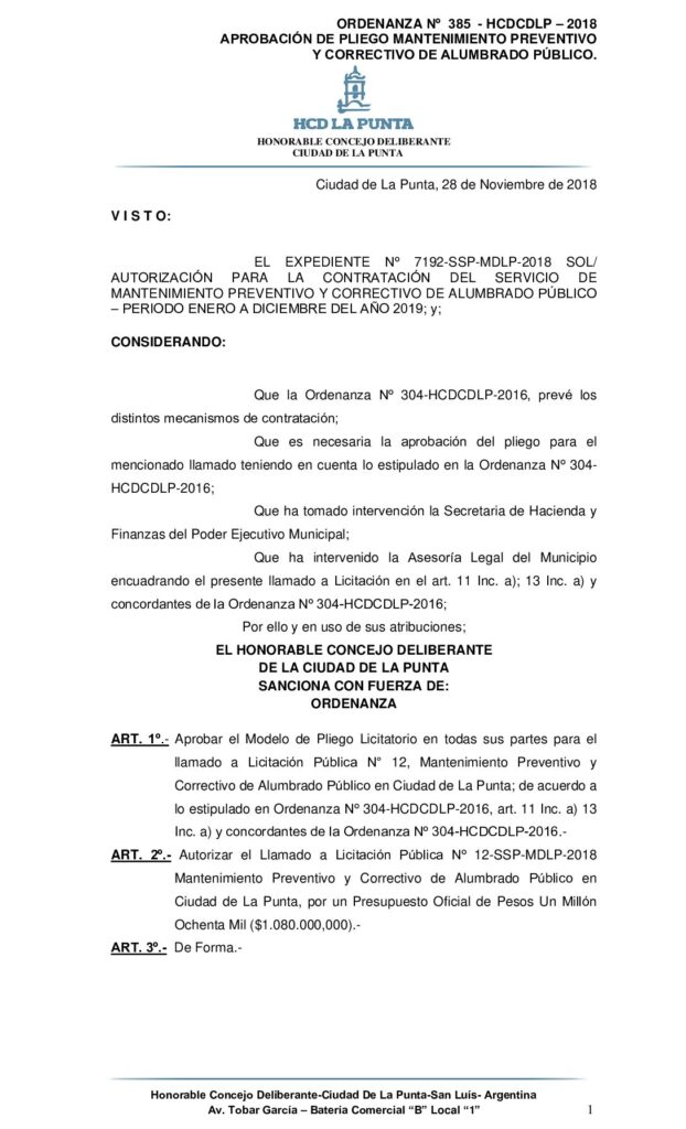 thumbnail of ORDENANZA N° 385 – MANTENIMIENTO PREVENTIVO Y CORRECTIVO DE ALUMBRADO PÚBLICO ENERO A DICIEMBRE DE 2019