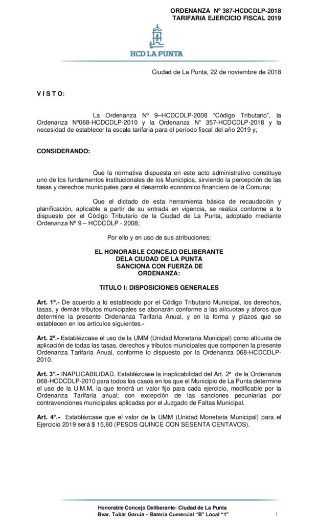 thumbnail of ORDENANZA N° 387 – TARIFARIA EJERCICIO FISCAL 2019