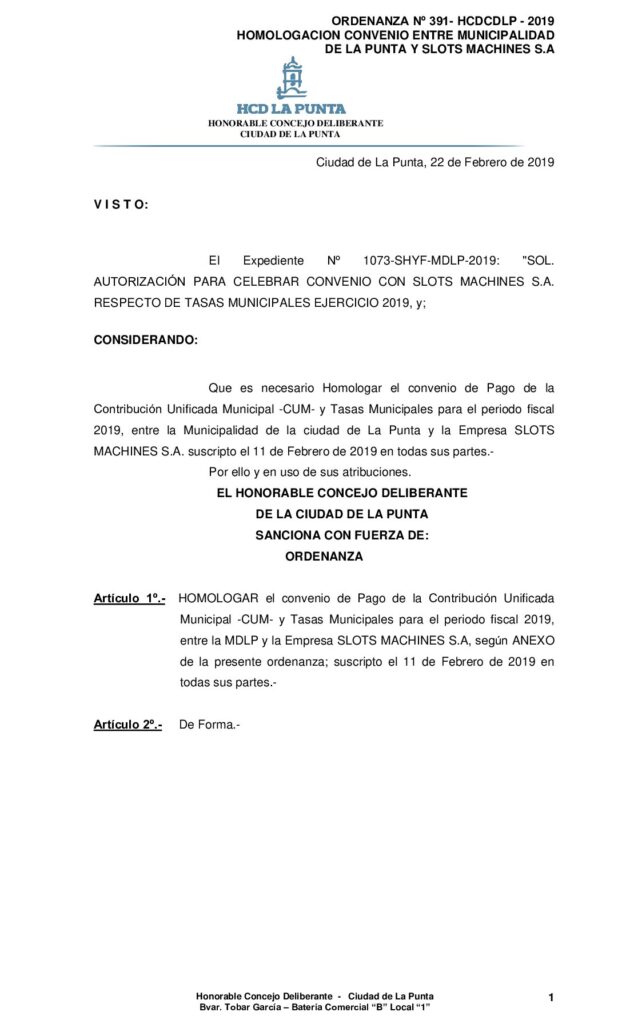 thumbnail of ORDENANZA N° 391 – APROBACION HOMOLOGACION CONVENIO SLOTS MACHINES Y MUNICIPIO 2019