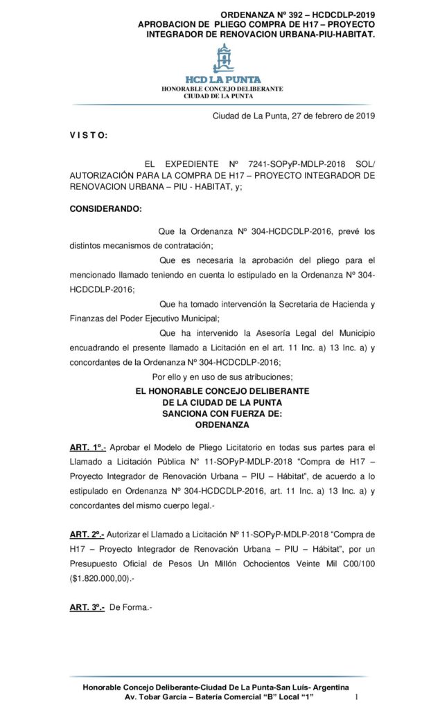 thumbnail of ORDENANZA N° 392- APROBACION DE PLIEGO – COMPRA DE HORMIGON H 17 – PROYECTO INTEGRAL URBANO