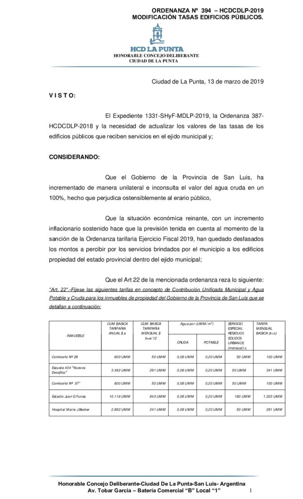 thumbnail of ORDENANZA N° 394 -MODIFICACION TASAS EDIFICIOS PUBLICOS