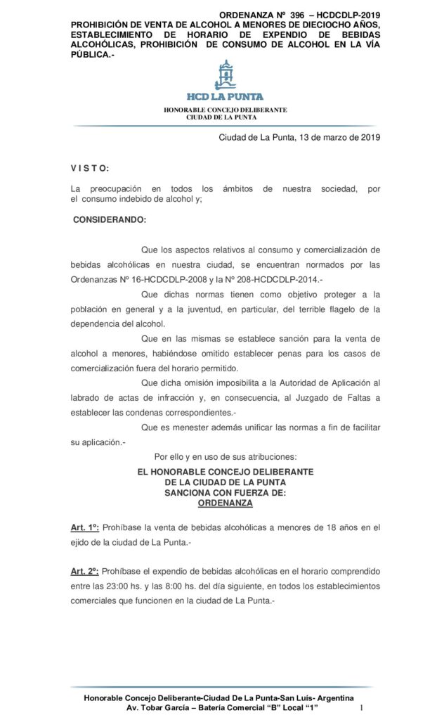 thumbnail of ORDENANZA N° 396- Prohibición de Venta de alcohol a menores de dieciocho años, est