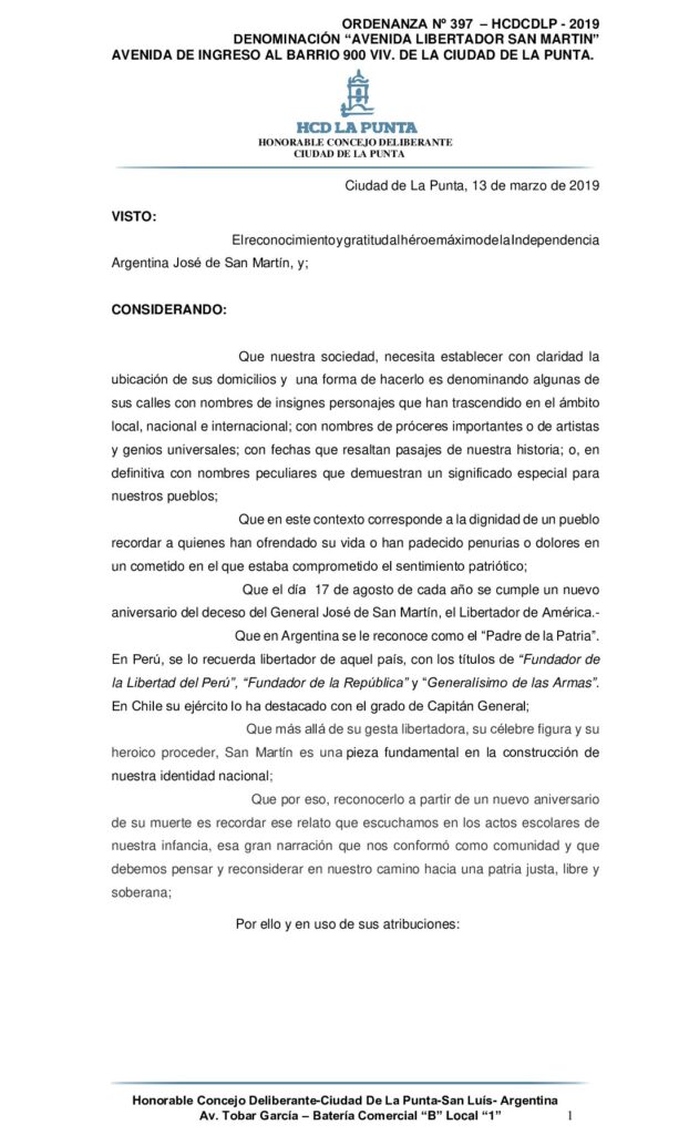 thumbnail of ORDENANZA N° 397- DENOMINACION AVENIDA LIBERTADOR SAN MARTIN BARRIO INGRESO 900 VIVIENDAS