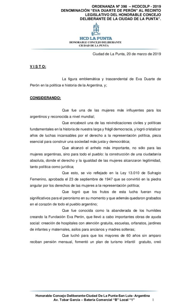 thumbnail of ORDENANZA N° 398- DENOMINACION EVA DUARTE DE PERÓN RECINTO LEGISLATIVO HCD