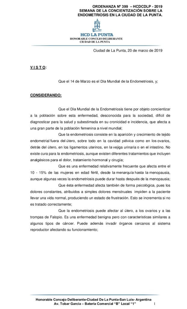 thumbnail of ORDENANZA N° 399- SEMANA CONCIENTIZACION SEMANA ENDOMETRIOSIS