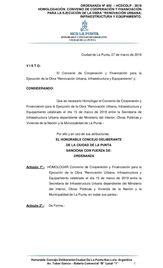 thumbnail of ORDENANZA N° 400- HOMOLOGACION CONVENIO DE COOPERACIÓN Y FINANCIACIÓN