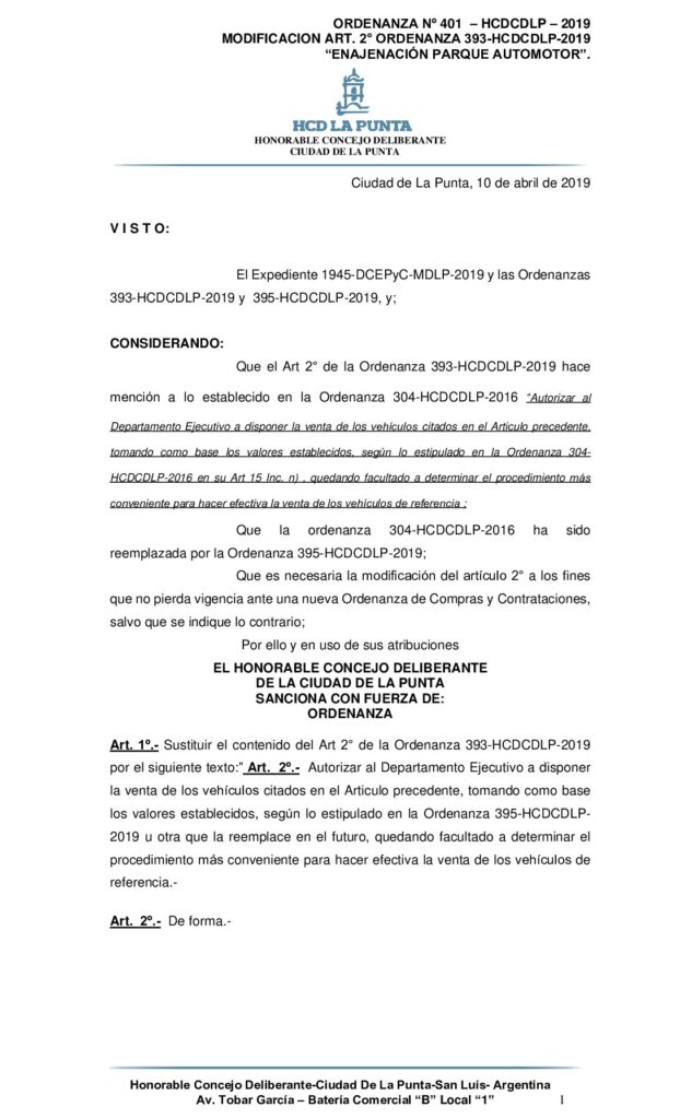 thumbnail of ORDENANZA N° 401- MODIFICACION ARTICULO 2 DE ORDENANZA 393 ENAJENACIÓN PARQUE AUTOMOTOR