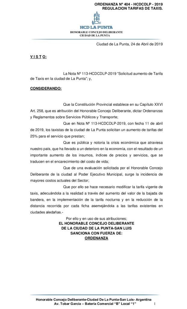 thumbnail of ORDENANZA N° 404- REGULACION TARIFA DE TAXIS