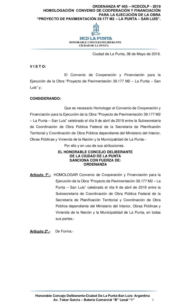 thumbnail of ORDENANZA N° 405 -HOMOLOGACION CONVENIO PAVIMENTACION 39.177 M2