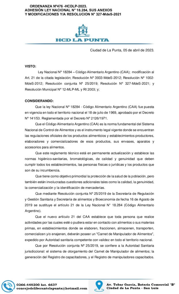 thumbnail of ORDENANZA N° 476 ADHESIÓN LEY NACIONAL N° 18.284, SUS ANEXOS