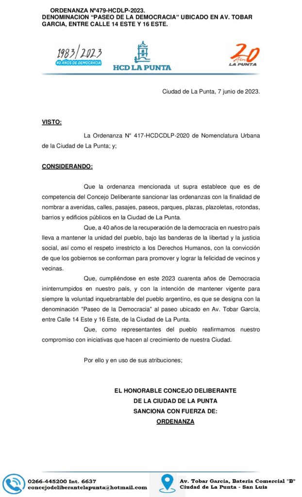 thumbnail of ORDENANZA N° 479 DENOMINACION PASEO DE LA DEMOCRACIA