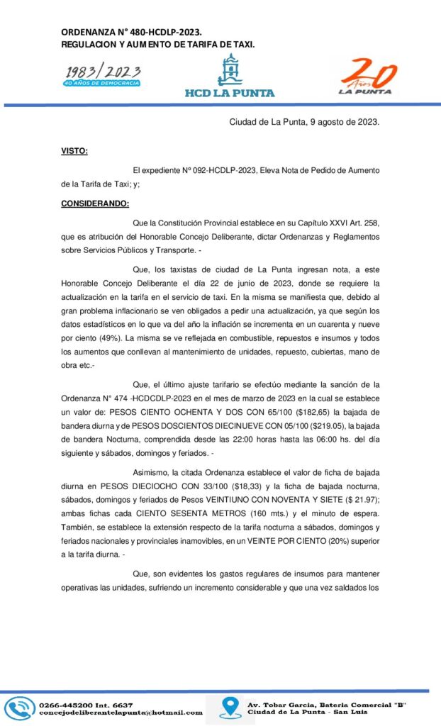 thumbnail of ORDENANZA N° 480 TARIFA DE TAXIS