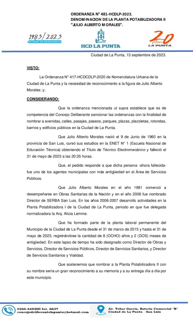 thumbnail of ORDENANZA N° 481 DENOMINACION PLANTA POTABILIZADORA II JULIO ALBERTO MORALES