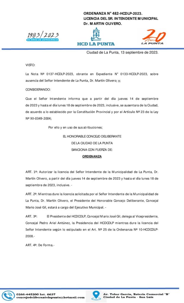 thumbnail of ORDENANZA N° 482. LICENCIA DEL INTENDENTE