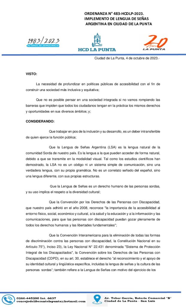 thumbnail of ORDENANZA N° 483 IMPLEMENTO DE LENGUA DE SEÑAS ARGENTINA EN CIUDAD DE LA PUNTA