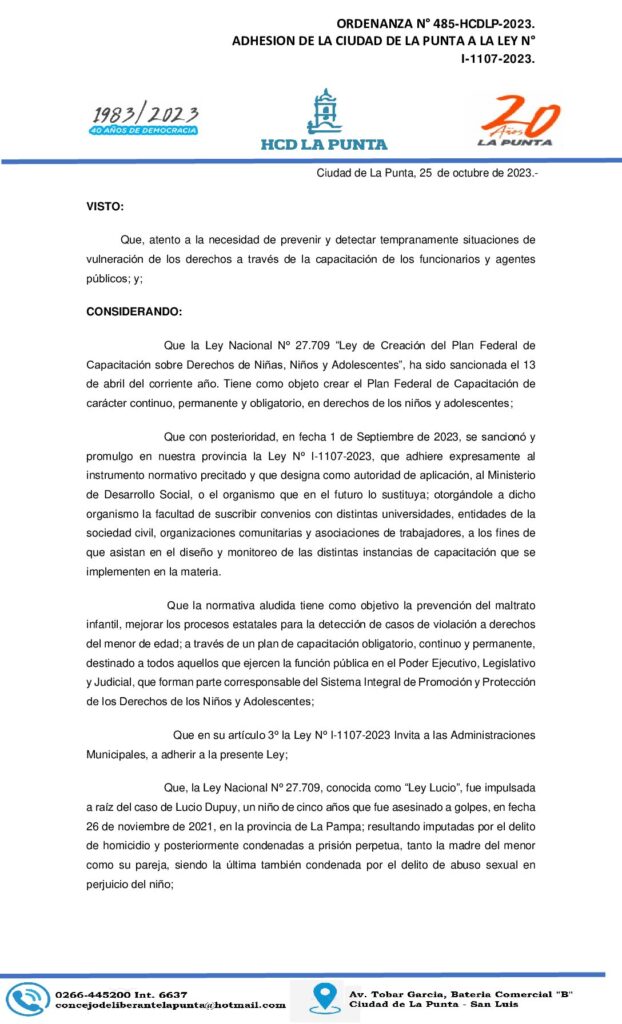 thumbnail of ORDENANZA N° 485 ADHESION DE LA CIUDAD DE LA PUNTA A LA LEY LUCIO