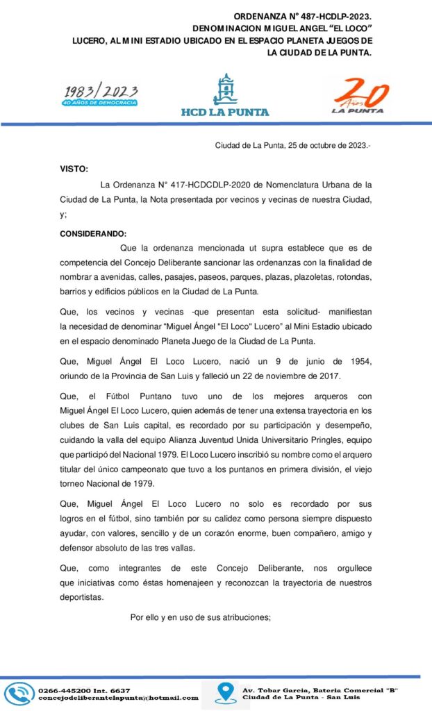 thumbnail of ORDENANZA N° 487 DENOMINACION MIGUEL ANGEL EL LOCO LUCERO