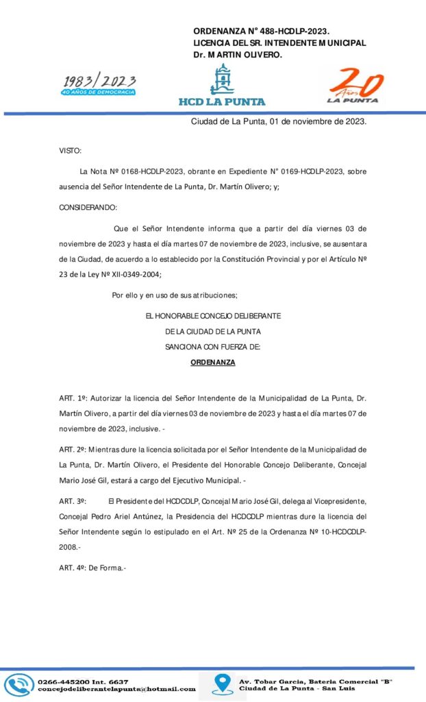 thumbnail of ORDENANZA N° 488 LICENCIA DEL INTENDENTE MUNICIPAL