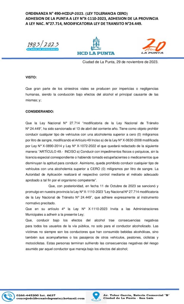thumbnail of ORDENANZA N° 490 LEY TOLERANCIA CERO. ADHESION DE LA PUNTA A LEY N° X-1110-2023.
