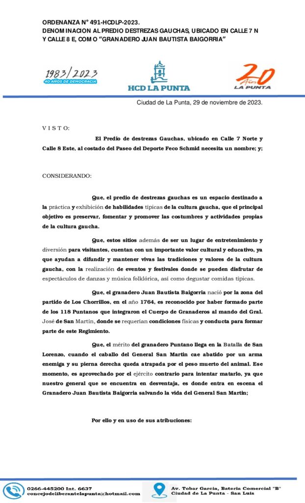 thumbnail of ORDENANZA N° 491 DENOMINACION AL PREDIO DESTREZAS GAUCHAS GRANADERO JUAN BAUTISTA BAIGORRIA