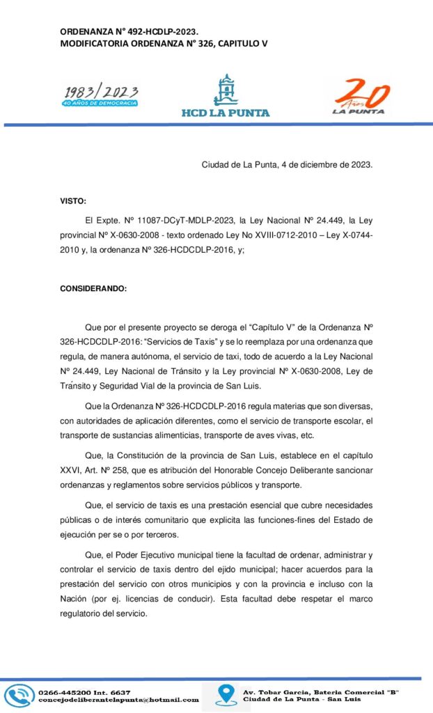 thumbnail of ORDENANZA N° 492 MODIFICACION DE LA ORDENANZA N° 326, CAPITULO