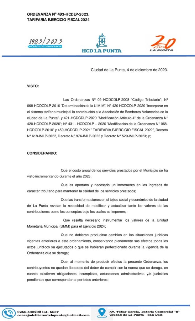 thumbnail of ORDENANZA N° 493 TARIFARIA EJERCICIO FISCAL 2024