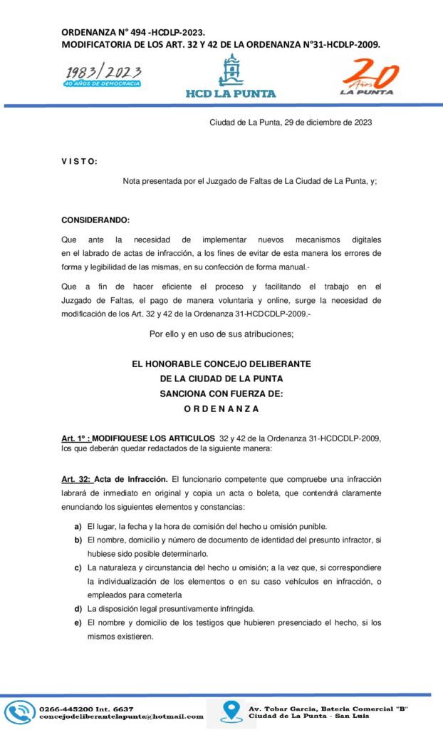 thumbnail of ORDENANZA N° 494. MODIFICATORIA ART. 32 Y 42 DE LA ORDENANZA 31-2009