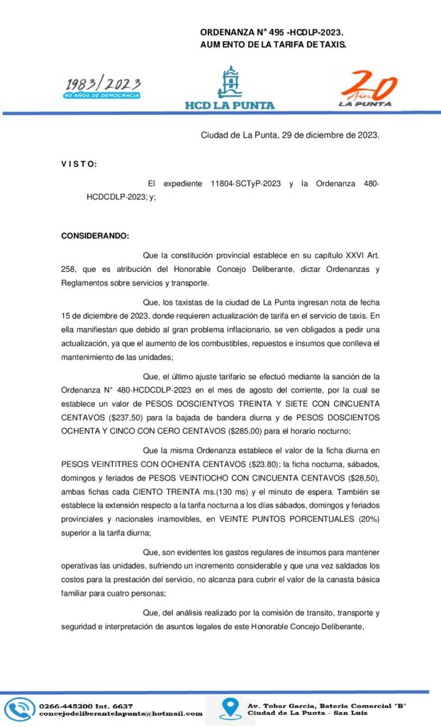 thumbnail of ORDENANZA N° 495 TARIFA DE TAXIS