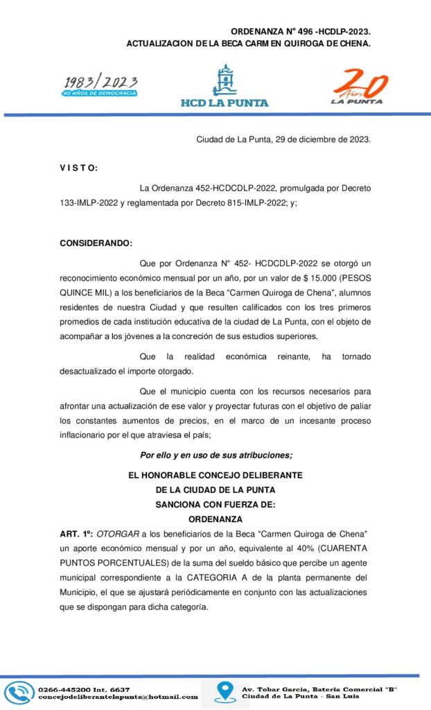 thumbnail of ORDENANZA N° 496 ACTUALIZACION DE LA BECA CARMEN QUIROGA DE CHENA