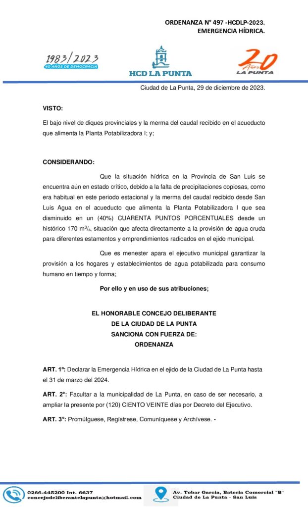 thumbnail of ORDENANZA N° 497 EMERGENCIA HIDRICA