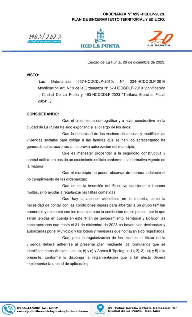 thumbnail of ORDENANZA N° 499 PLAN DE SINCERAMIENTO TERRITORIAL Y EDILICIO