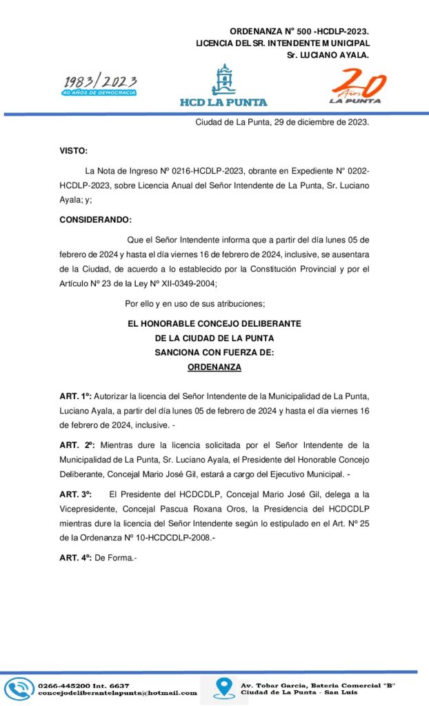 thumbnail of ORDENANZA N° 500 LICENCIA DEL INTENDENTE MUNICIPAL