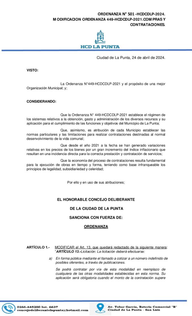 thumbnail of ORDENANZA N° 501. MODIFICACION ORDENANZA 449-HCDCDLP-2021, COMPRAS Y CONTRATACIONES