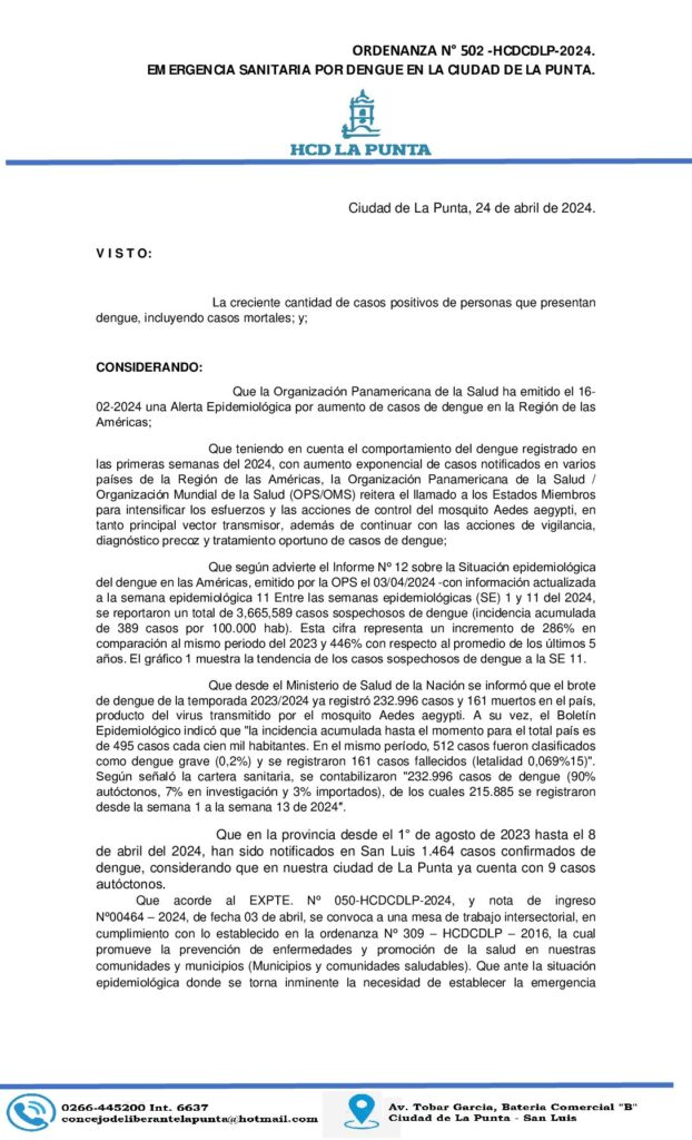 thumbnail of ORDENANZA N° 502. EMERGENCIA POR DENGUE