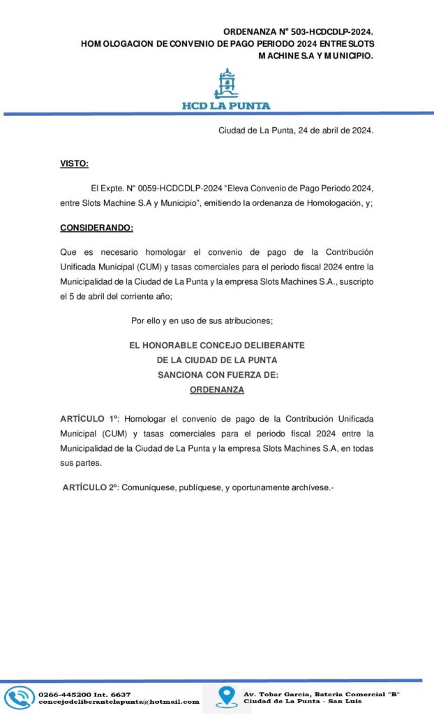 thumbnail of ORDENANZA N° 503. HOMOLOGACION DE PAGO PERIODO 2024 ENTRE SLOTS MACHINE S.A Y MUNICIPIO