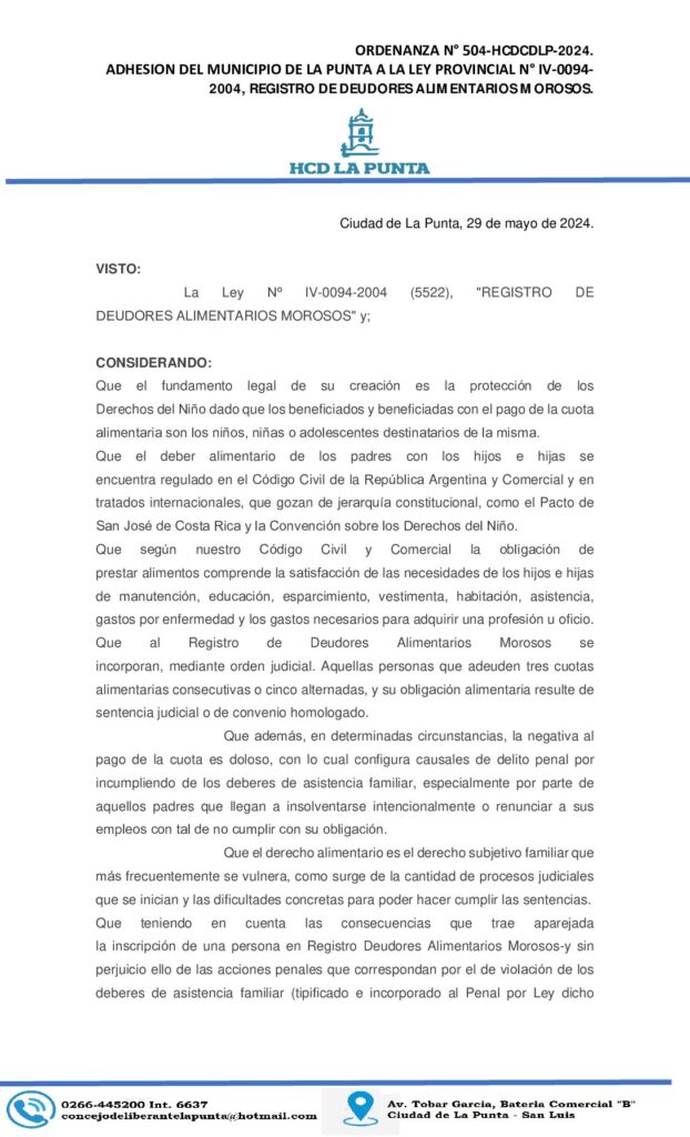 thumbnail of ORDENANZA N° 504. ADHESION A LA LEY PROVINCIA N° IV-0094-2004 REGISTRO DE DEUDORES ALIMENTARIOS