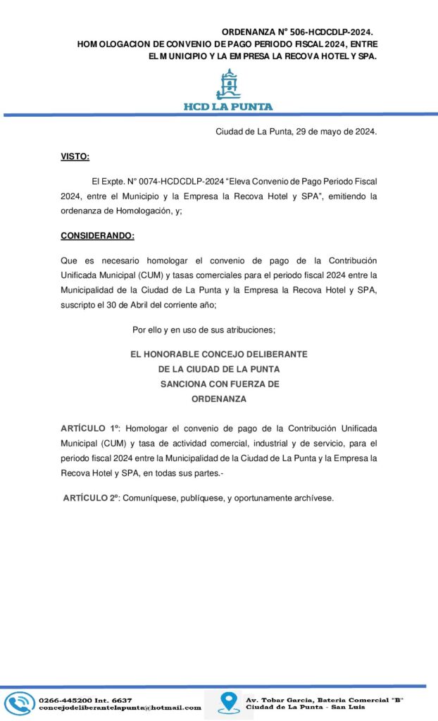 thumbnail of ORDENANZA N° 506. HOMOLOGACION DE PAGO PERIODO 2024 ENTRE LA RECOVA Y MUNICIPIO