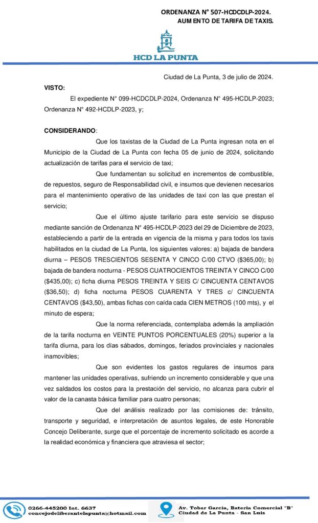 thumbnail of ORDENANZA N° 507. AUMENTO DE TARIFA DE TAXIS