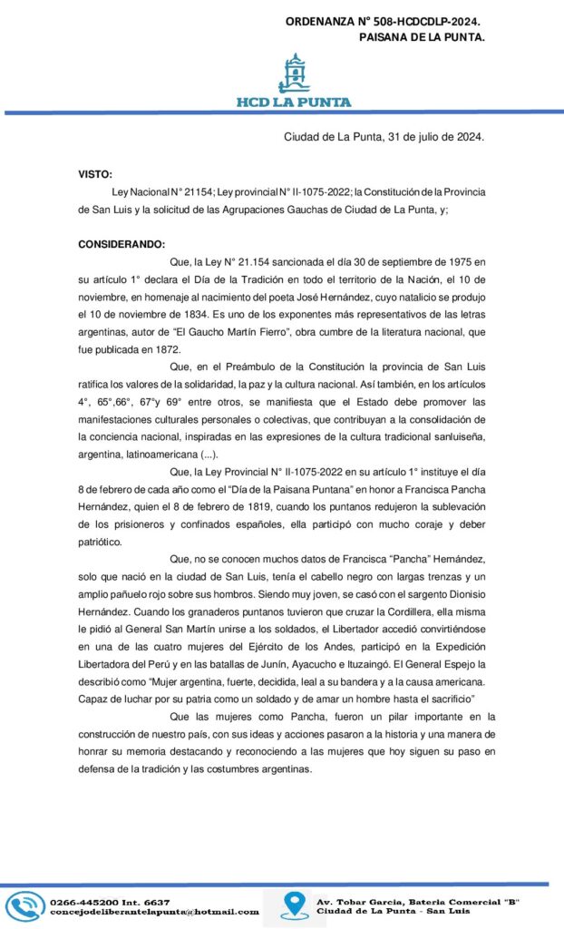 thumbnail of ORDENANZA N° 508. PAISANA DE LA PUNTA