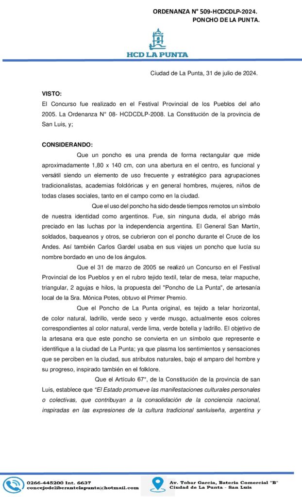 thumbnail of ORDENANZA N° 509. PONCHO DE LA PUNTA